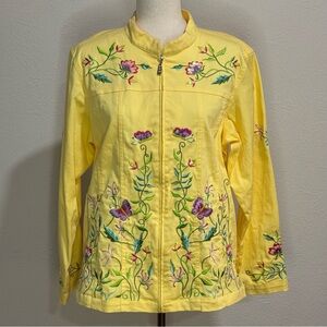 Quacker Factory Embroidered Yellow Floral Zip-Front Jacket Size L